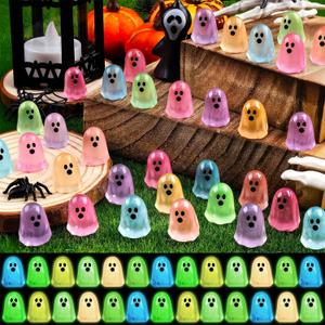 132pcs Halloween Luminous Mini Ghosts Figures 6 Colours Glow in The Dark Miniature Resin Ghost Figurines to Hide Bulk Tiny Small Statue for Halloween Party Favors Micro Garden Dollhouse Decorations