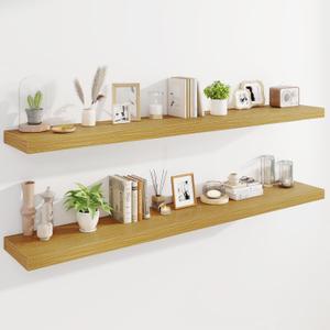 Marsmiles 72" Floating Shelves for Wall, Wooden Shelves with Invisible Brackets Set of 2, Rustic Farmhouse Wall Mounted Shelf for Kitchen Bathroom Living Room Study, Natural Oak