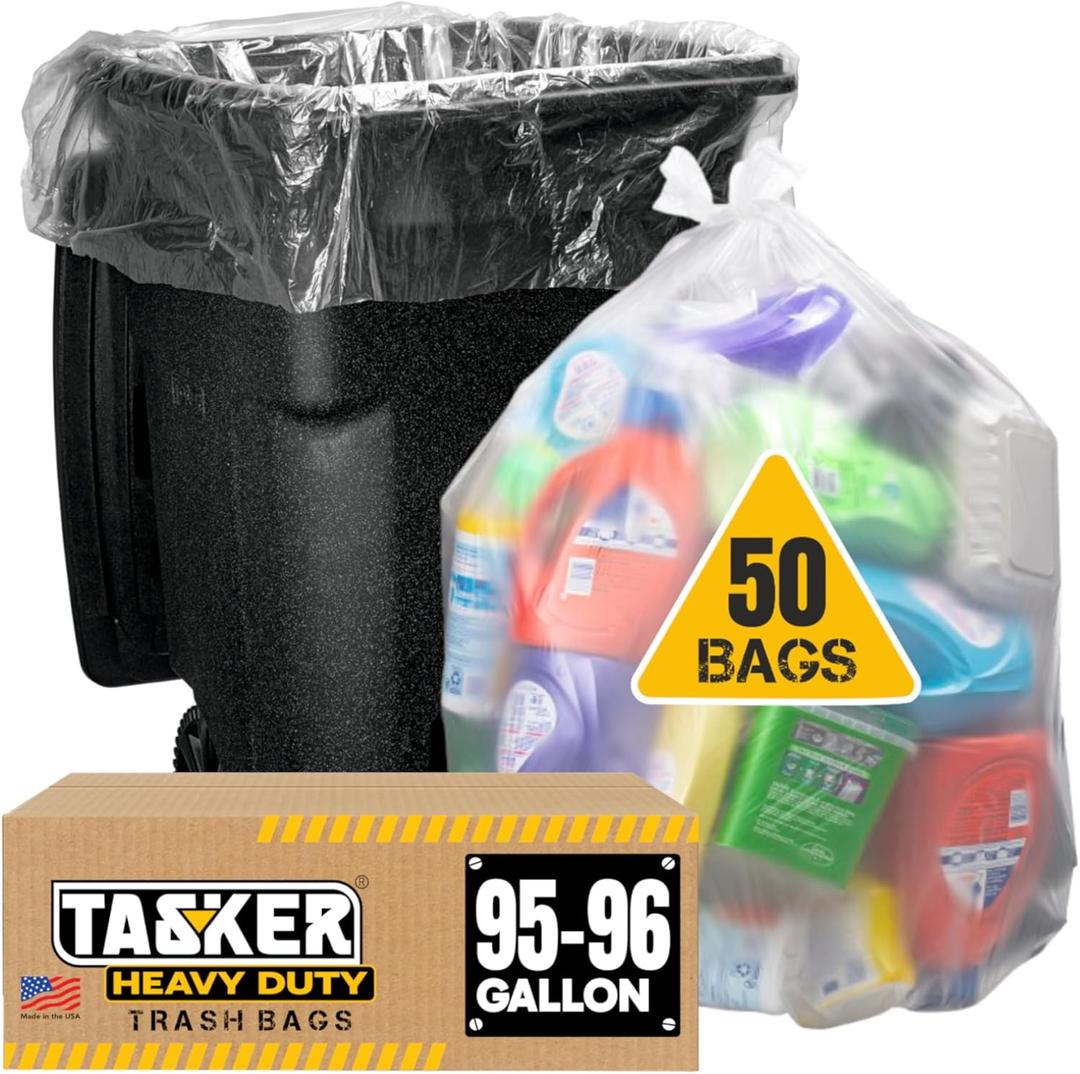 Tasker 95-96 Gallon Trash Bags, (Value Pack 50 Bags w/Ties) Extra Large Heavy Duty Clear Plastic Recycling Trash Bags, 90 Gallon, 95 Gallon, 96 Gallon, 100 Gallon (Clear)