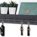Lwenki Decorative Key Holder for Wall with Shelf, Entryway Shelf with Hooks Holds Leashes, Jackets and Glasses Sturdy Wood Keyholder Entrance Hanger with Mounting Hardware (Black, Large)
