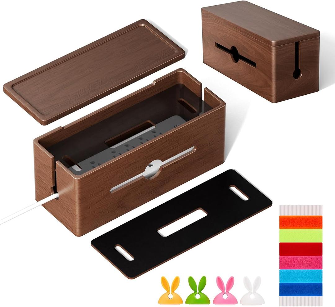 Extra Large Cable Management Box Brown Double Layer Wooden Cord Organizer with Divider for Desk, TV Stand, Kitchen, and Office NO Power Strips or Chargers