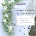 PARTY JOY 2pcs 6.56ft Eucalyptus Garland with Flowers-8 White Roses, Artificial Fake Flowers Greenery Garland Floral Vines for Decoration Party Wedding Table Indoor Outdoor Backdrop Wall Decor(White)