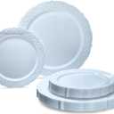 " OCCASIONS " 50 Plates Pack (25 Guests) Vintage Wedding Party Disposable Plastic Plate Set -25x10.25'' Dinner +25x7.5'' Salad/Dessert plates (Portofino Plain Blue)