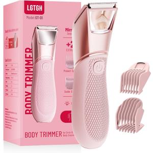 Body Groomer for Women: Pubic Hair Razor with Mirror & LED Light, Bikini Trimmer with Travel Lock - IPX7 Waterproof Use for Legs/Underarm - Dusty Pink