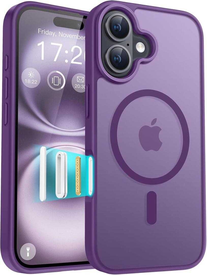 for iPhone 16 Phone Case, Compatible with Magnetic, Military Grade Drop Protection Translucent Matte Shockproof Anti-Scratch/Anti-Fingerprint Case for iPhone 16 (Dark Purple)