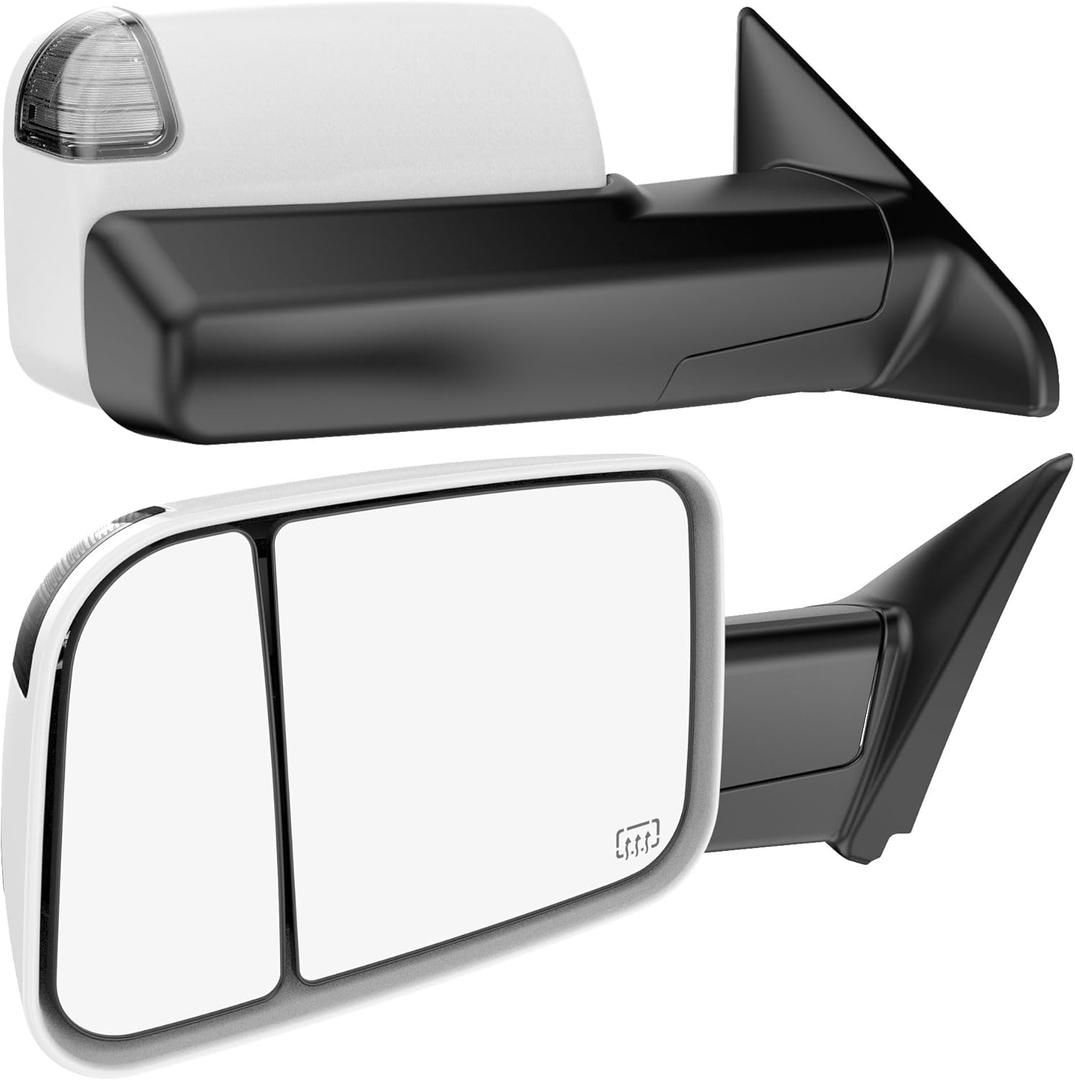 Heated Tow Mirrors Compatible with 2009-2018 Dodge Ram 1500, 2010-2018 2500 3500, 2019-2024 1500 Classic, Flip Up Extended Trailer Towing Side Mirrors with Puddle Light, Clear Lens White Housing