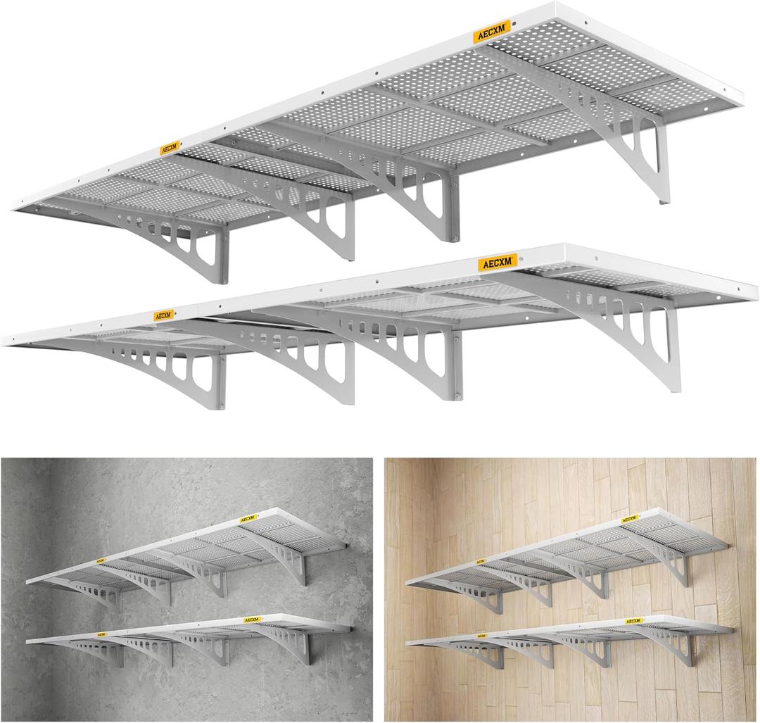 Aecxm 4-pack 2x3ft Adjustable Garage Wall Shelving 1120lbs Load Capacity Heavy Duty Wall Mounted Storage Shelf Metal Floating Shelves for Garage(White)