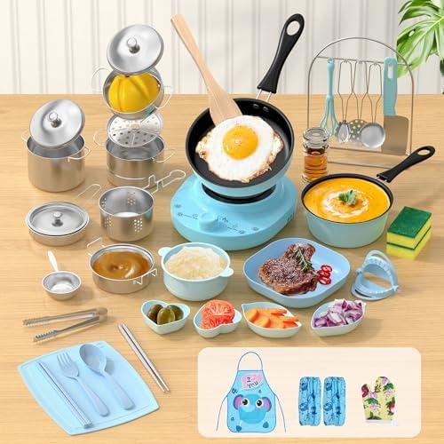 Gotoofun Kids Cooking Set Real for Ages 8-12, Real Mini Kitchen Tools with Stove Burner & Safe Knife, Montessori Cooking Toys for Boys & Girls, Easy Beginner Cooking Gift – Blue