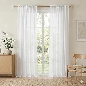RYB HOME White Sheer Curtains Linen Texture Window Panels, Semi Sheer Light Filetring Rod Pocket & Back Tab Drapes for Bedroom, 52 x 84 inches, Pack of 2