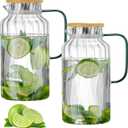 Buaic 2 PACK Glass Pitcher with Lid, 68 oz/ 2 Liter Classic Vertical Stripes Water Pitcher with Bamboo Lids,Glass Water Carafe for Cold Brew, Coffee, Lemonade, Iced Sun Tea,Beverage,Milk (Clear)