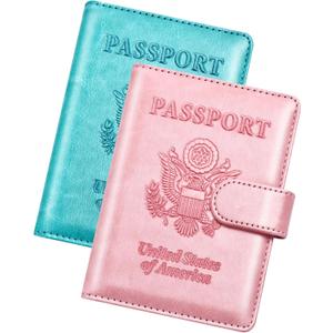 Herain Passport Holder for Travel Cruise Essentials, 2 Pcs Passport Cover Wallet Case Travel Gifts Women Men Family, RFID Passports Book Card Holders Travels Accessories Must Haves (B-Turquoise + Pink)