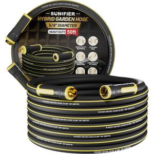 Hybrid Rubber Garden Hose 5/8 Inch, 50 ft Heavy Duty Kink-Free Water Hose, 3-Layer Reinforced, 600 PSI Burst Pressure, Water Safe, All-Weather Flexible Hoses for Yard, Lawn (Black,50 ft)