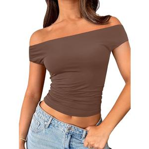 Trendy Queen Off The Shoulder Tops for Women Going Out Y2K Summer Cute Shirts Sexy 2026 Double Lined Spring Club Outfits Coffee S