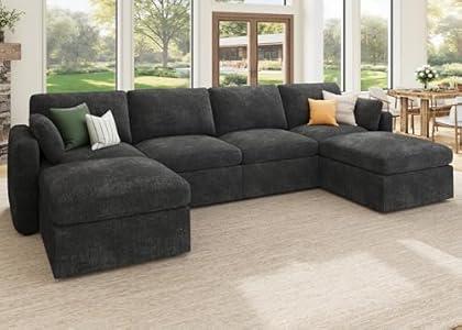 HONBAY Sectional Couch with Storage Seats, Modular Sofa with Storage Ottoman, U Shaped Sectional Couches for Living Room, Grey