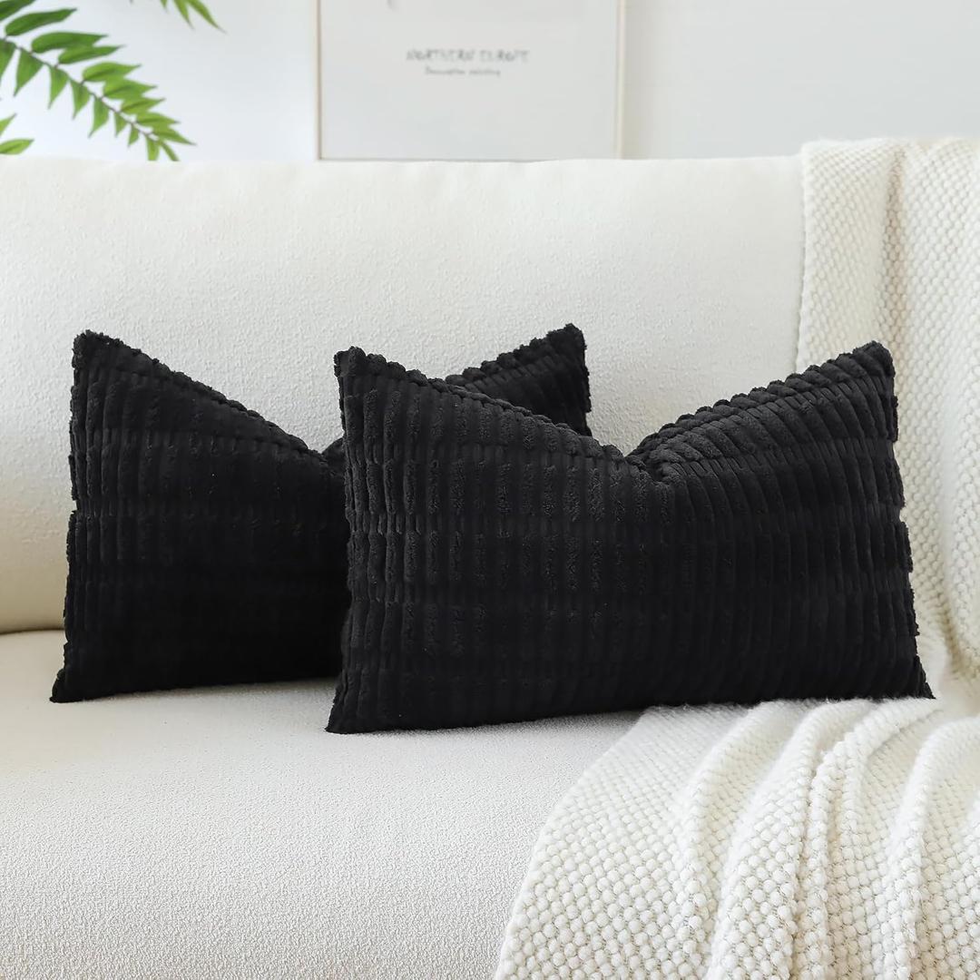 OTOSTAR Pack of 2 Soft Corduroy Decorative Throw Pillow Covers 16 x 24 Inch Boho Striped Pillow Covers Lumbar Cushion Case Couch Pillowcases for Sofa Bed Home Decor (Black)