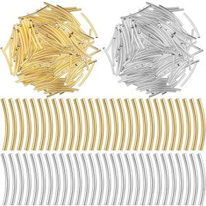 200 Pcs Tube Beads, Tube Spacer Bead, 25mm Curved Noodle Beads, Gold Silver Spacer Bead for Earrings Necklaces Bracelets Pendant DIY Crafts
