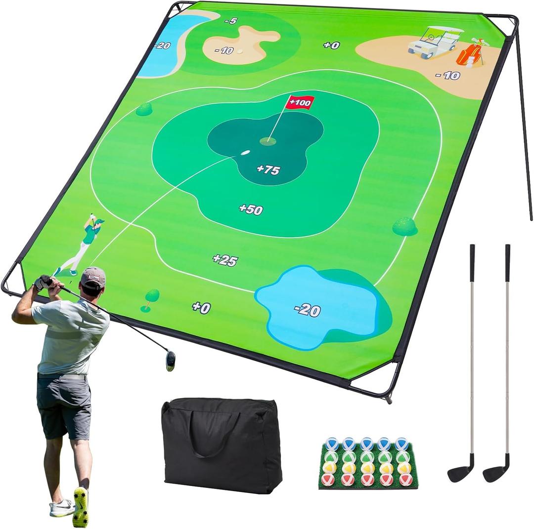 Golf Chipping Game Set, 71"x71" Outdoor Portable Sticky Golf Game, Indoor Chipping Practice with 2 Adjustable Clubs, 20 Sticky Balls for Young Adults, Fathers & Golfers Family Backyard (Green-single-sided)