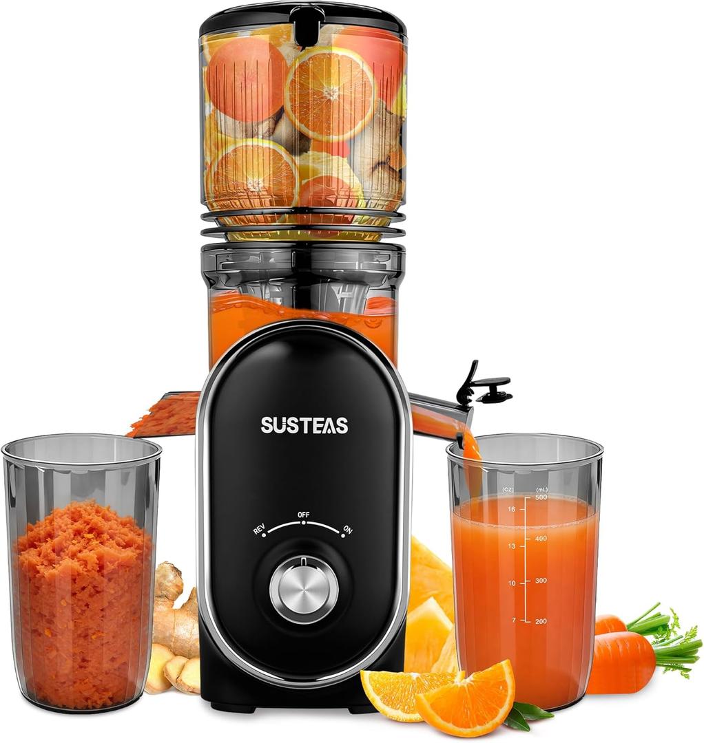 SUSTEAS Cold Press Juicer, 300W, 5.3" Large Feed Chute, 1.5L Capacity, Automatic Feeding, High Yield, Easy to Clean, Ideal for Whole Fruits & Vegetables, Black