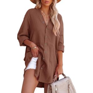 siliteelon Women's Button Down Tunic with Pockets Cotton Gauze Button Up Shirt Dress V Neck Long Sleeve Frayed Blouse Tops XS