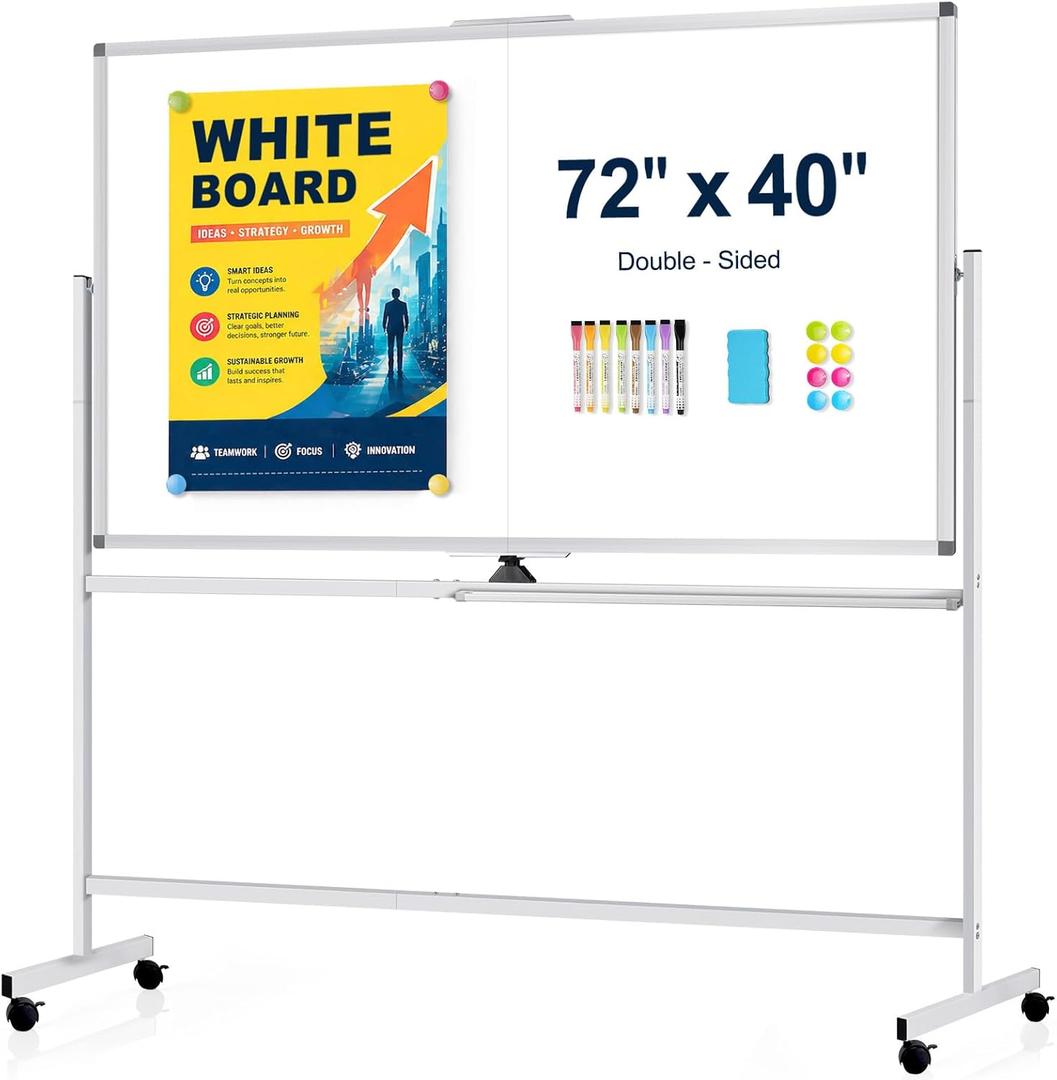 Rolling Whiteboard 72" x 40" Sturdy Dry Erase White Board on Wheel | Large Magnetic Standing Whiteboard Easel with Double-Sided, Office Supplies, Home, School, Sliver Frame