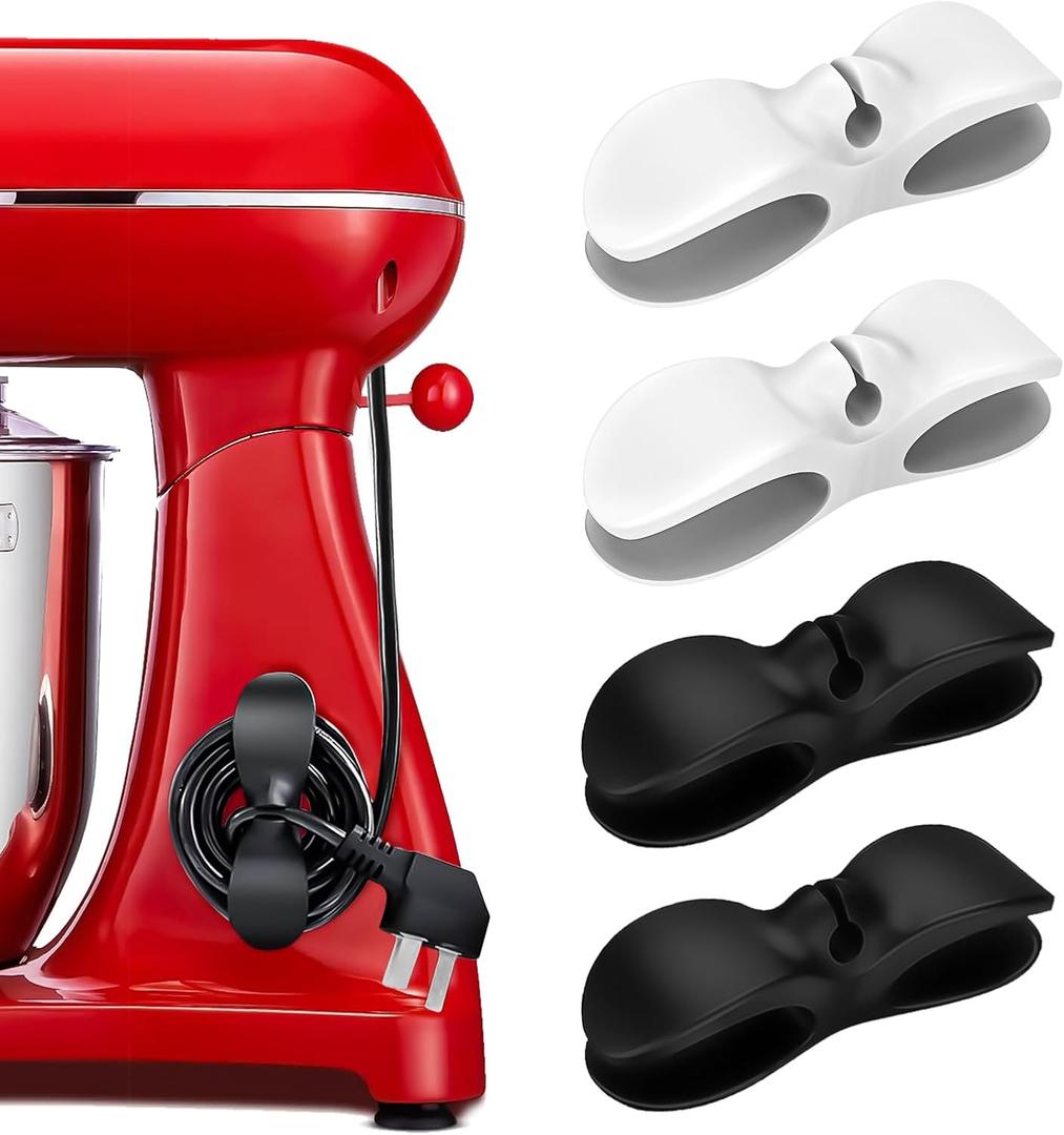 Cord Organizer for Appliances, 4PCS Upgraded Kitchen Appliance Cord Organizer Stick On, Wire Organizers, Cord Holders, Command Hooks, Cord Wrapper for Appliances, Pressure Cooker, Mixers (2*Black+2*White)