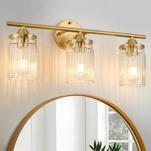 Jonsi Gold Bathroom Light Fixtures 3-Light Vanity Lights Modern Wall Sconce with Clear Glass Shade Brushed Brass Bathroom Light Fixture Over Mirror for Bedroom Hallway Kitchen