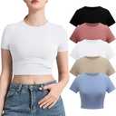 INIBUD Crop Tops for Women 5 Pack Cropped Tshirt Short Sleeve Crew Neck Summer Slim Fitted Tight Basic Y2K Baby Tee XL