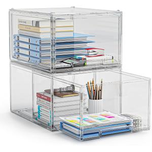2 Packs Plastic Stackable Storage Drawers, Clear Desktop Drawer Organizers, 2 Drawer Storage Organizer, Make up Organizer with Drawers, Arcylic Drawers Organizer for Office Supplies, School, Home