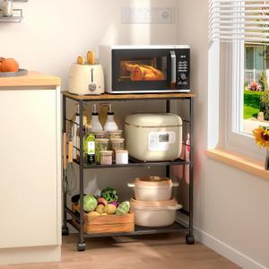 Rolling Kitchen Microwave Cart, 3 Tier Microwave Table Stand with Storage, Kitchen Utility Cart on Lockable Wheels, Small Coffee Cart Shelf Rack Organizer for Living Room Office, Balcony (Brown)