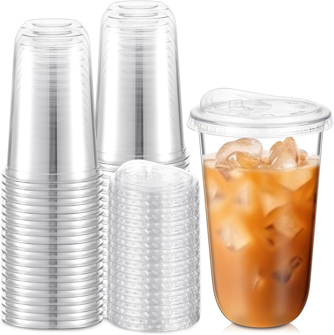 Ziliny 50 Sets Clear Plastic Cups with Strawless Sip Lids, Thickened Clear Disposable Plastic PET Crystal Cups for Iced Coffee, Smoothie, Cold Beverage, Drink Shops and Party Catering (18 oz)