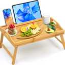 Tray Table for Bed, Bamboo Breakfast Tray with Folding Legs and Handles, Natural Color Bed Tray with Media Slot, Ideal for Eating, Serving or Working in Kitchen, Sofa or Bedroom