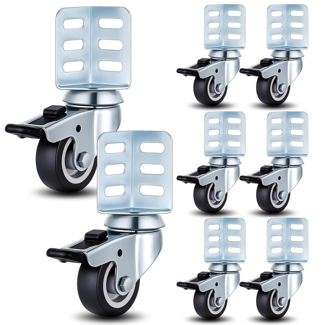 Aurelema 8 Pack Storage Rack Caster Wheels, 2" Heavy Duty 720 lb Storage Shelf Accessories 360° Swivel Side-Mount Corner Casters with Top Brake Adapts to Boltless Self Locking Shelving Racks (Black)