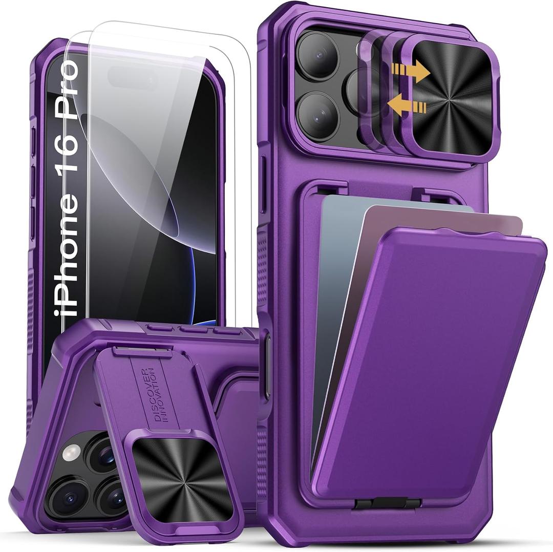SSLOTSCASE for iPhone 16 Pro Wallet Case with 2X Screen Protector, Card Holder & Invisible Kickstand & Sliding Camera Cover, Durable Sturdy Matte Protective Wallet Cover for iPhone 16 Pro, Dark Purple