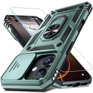Janmitta Case for iPhone 16 Pro Max Phone Cover Built in Slide Camera Lens Cover+Screen Protector, Heavy Duty Shockproof Full Body PhoneCase with Finger Ring Holder Kickstand, Dark Green