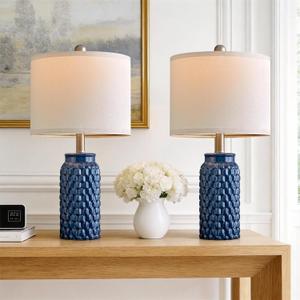 USumkky 20.5 inches Modern Ceramic Dark Blue Bedside Lamp Set of 2 for Bedroom Decor Farmhouse Table Lamp for Living Room Office Dorm