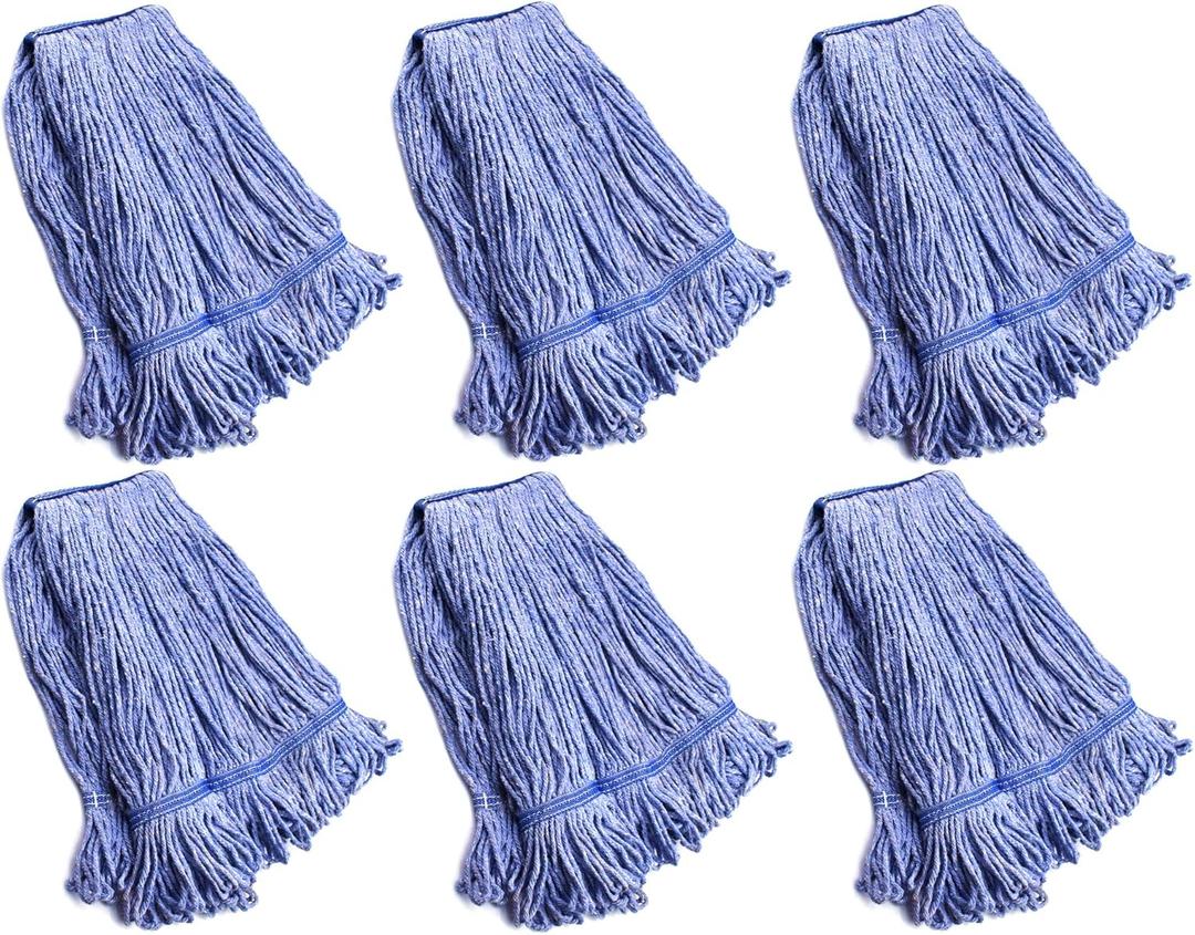 String Mop Heads Replacement Heavy Duty Commercial Grade Blue Cotton Looped End Wet Industrial Cleaning Mop Head Refills (6, Medium) (6 Pieces Pack)