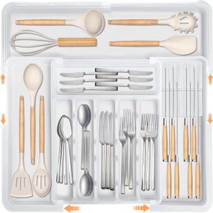 Homecor Silverware Organizer for Kitchen Drawer, Expandable Utensil Drawer Organizer with 2 Knife Block, Flatware and Cutlery Holder, Adjustable Plastic Storage for Spoons Forks Knives (White)