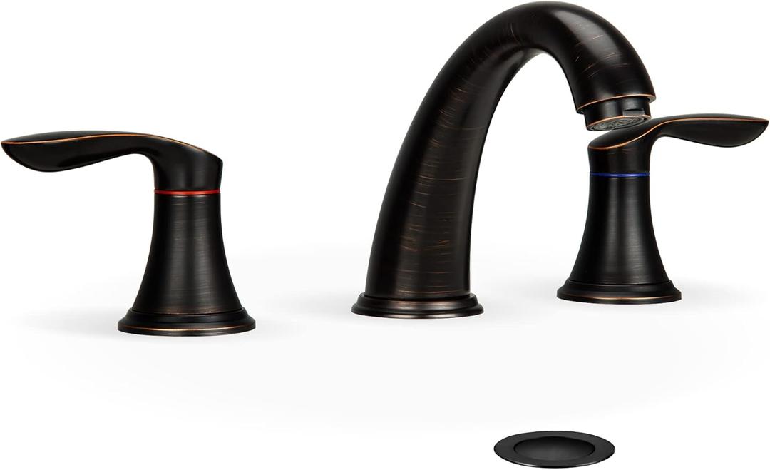 Bathroom Sink Faucet, Faucet for Bathroom Sink, Widespread ORB Bathroom Faucet 3 Hole with Stainless Steel Pop Up Drain and cUPC Lead-Free Hose-(Oil Rubbed Bronze) (8 inch 1 pack)
