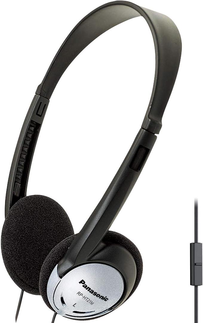 Panasonic Headphones, On-Ear Lightweight Earphones with Microphone and XBS for Extra Bass and Clear, Natural Sound, 3.5mm Jack for Phones and Laptops, Work from Home - RP-HT21M (Black & Silver)