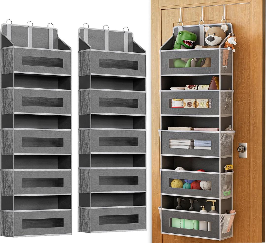 2 Pack 5 Tier Over The Door Organizer - Large Capacity Behind Door Hanging Shelves with 10 Mesh Pockets and Clear Windows, Closet Organizers and Storage for Bathroom, Bedroom, Nursery, Grey