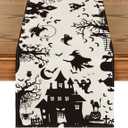 Artoid Mode Black White Spooky Haunted House Tree Ghost Witch Halloween Table Runner, Kitchen Dining Table Decoration for Home Party Decor 13x90 Inch