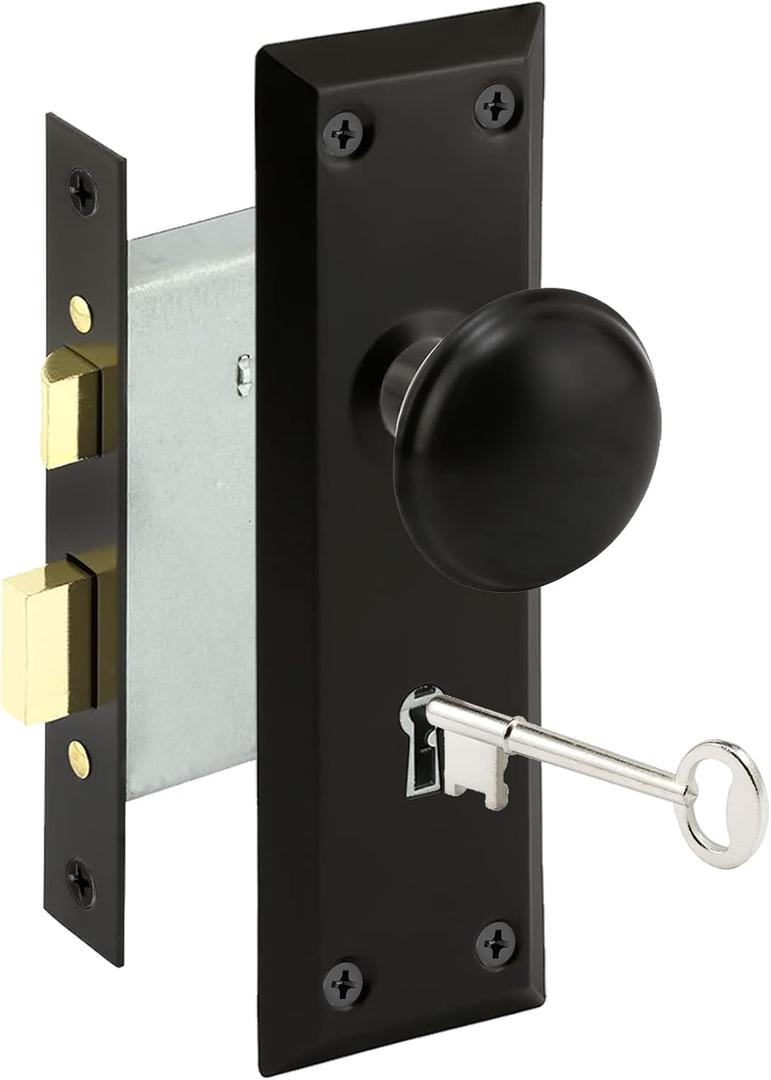 Mortise Keyed Door Knob Set for 1-3/8" to 1-3/4" Thick Interior Doors, 2-3/8" Backset, Includes 2 Classic Skeleton Keys (1, Matte Black)