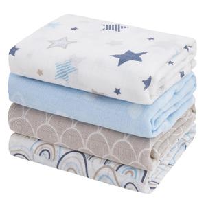Softan Muslin Swaddle Blankets for Baby Girl & Boy, 47X47In Receiving Blankets for Newborn, Swaddle Blanket Set Soft Silky & Breathable, Blue Rainbow and Five-Pointed Star, 4 Pack