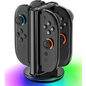 Switch 2 Joycon Charger with 9 RGBs, Switch 2 Controller Charger with Magnetic & Bi-Directional Design, 4 in 1 Joycon 2 Charging Dock Station Stand with Cable for Joy-Con 2 Accessories (Black)