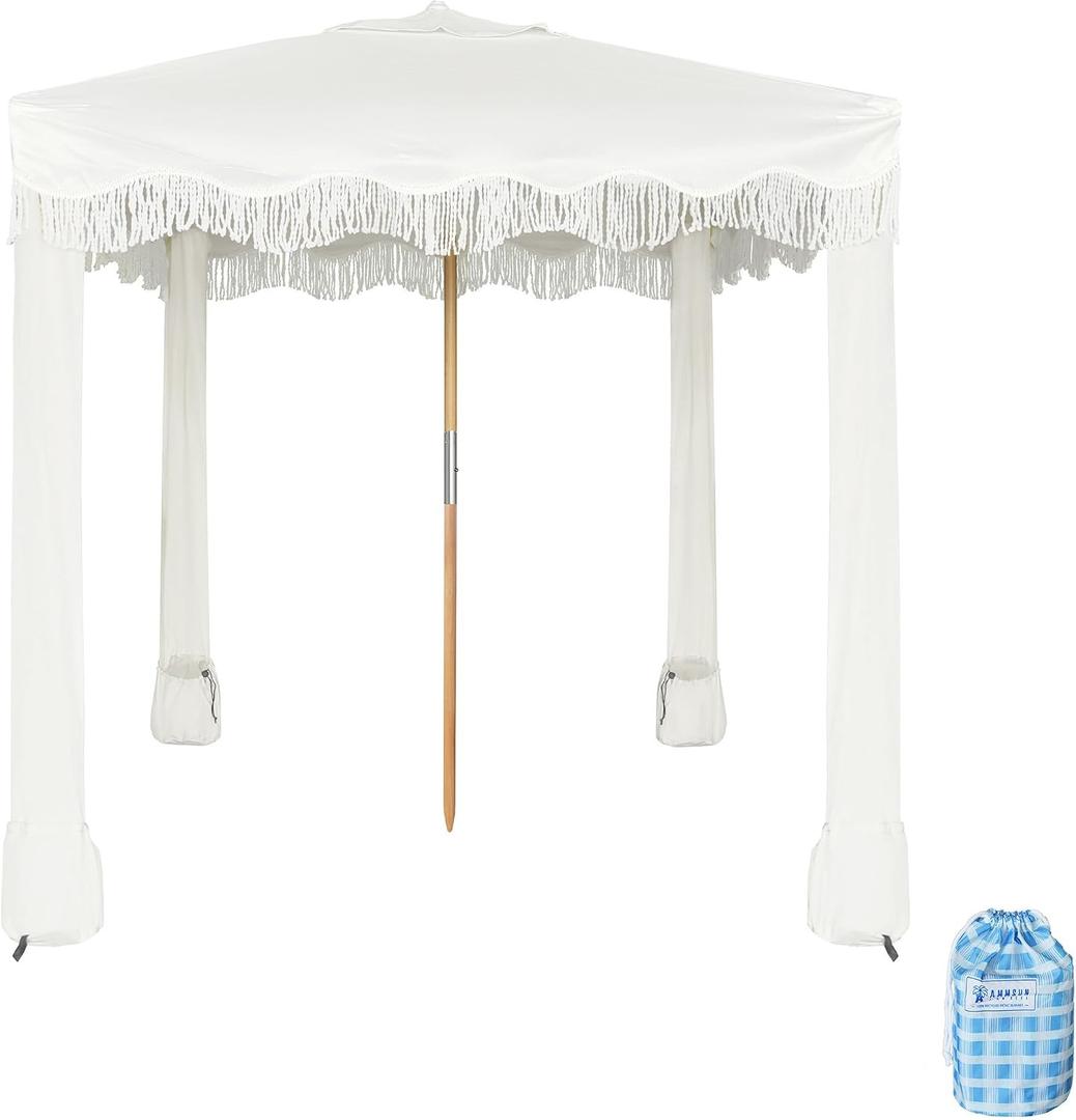 AMMSUN Beach Cabana with Beach Blanket, 7' x 7' Boho Canopy with Tassels, Premium Wood Pole, Fringe Cabana Tent with Sand Pockets, Instant Sun Shade for Sand, Garden, Outdoor, Elegant White