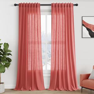 Watermelon Red Semi Sheer Curtains 108 Inches Long 2 Panels Back Tab Loop Pocket Linen Blend Boho Large Window Curtain Extra Long Light Filtering Drapes High Ceiling Drape for Living Room 52x108
