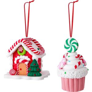 Set of 2 Christmas Tree Decorations, 3D Candy House & Ice Cream Christmas Ornaments, Claydough Xmas Hanging Decor for New Year Party Wedding Home