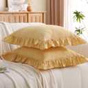 Silnuo Vintage Yellow Plaid Ruffle Throw Pillow Covers 20x20 inches,Washed Cotton Mustard Gingham Checkered Decorative Pillow Shams for Bed,Couch,Sofa