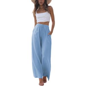 Faleave Women's Cotton Linen Summer Palazzo Pants Flowy Wide Leg Beach Trousers with Pockets (Large)
