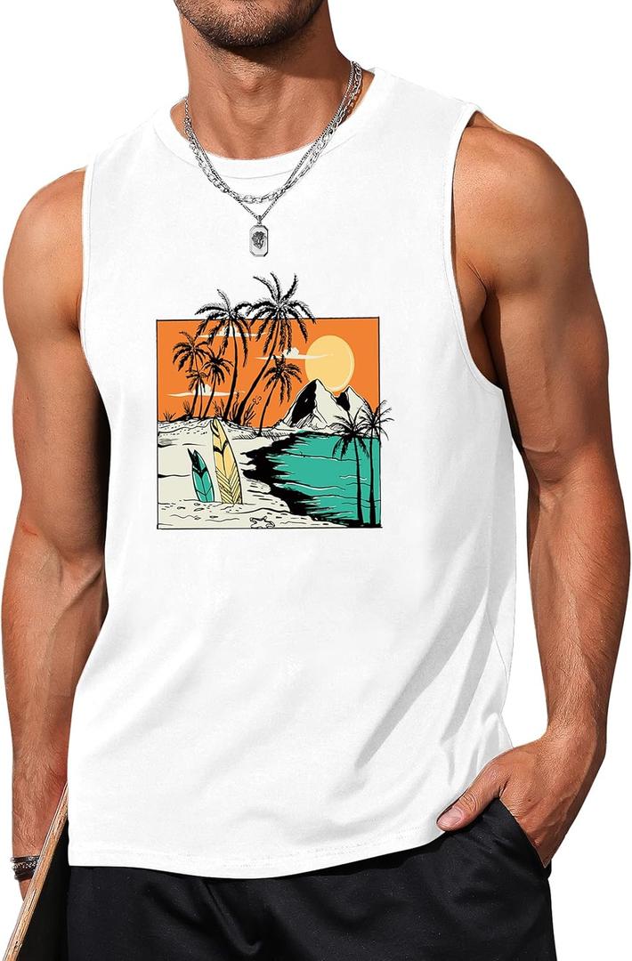Mens Beach Tank Tops Summer Hawaii Vacation Graphic Muscle Palm Tree Sleeveless Shirts (Medium)